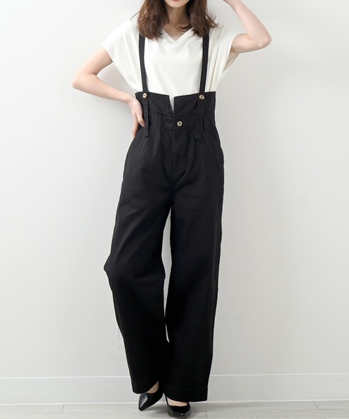 セール】ハイウエストサス付ワイドパンツ（つなぎ/オールインワン