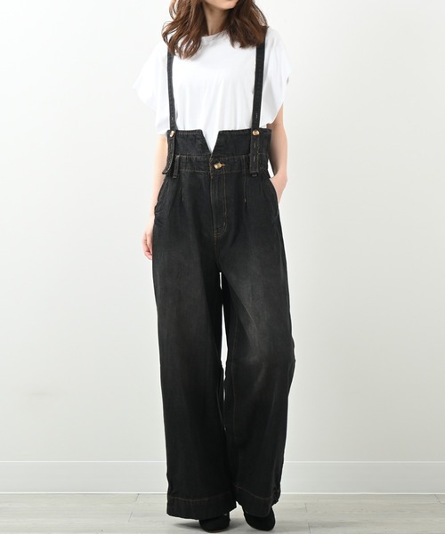 セール】ハイウエストサス付ワイドパンツ（つなぎ/オールインワン