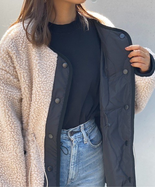 StyleSea(スタイルシー)の「ボアリバーシブルノーカラーショートコート(ノーカラーコート・レディース・ベージュ/アイボリー/ライトベージュ/モカ/ブラック/ライトカーキ・MEDIUM)」の8枚目の写真