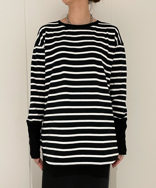アパルトモン ボーダーリブ Tシャツ カットソー 長袖 F 白 ブラック BORDER RIB LONGSLEEVE T-SHIRT（Tシャツ／カットソー）｜L