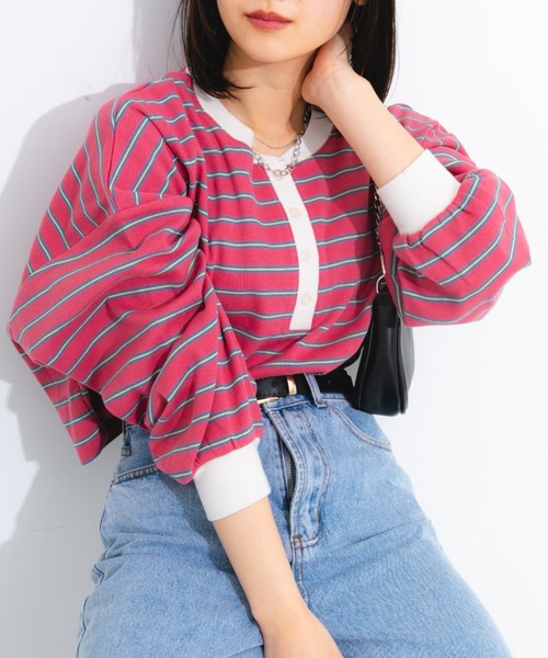 nemne store（ネンネストア）の「マルチボーダーヘンリーリブロンT（Tシャツ/カットソー・レディース・ブルー/グリーン/ピンク・フリー）」の9枚目の写真