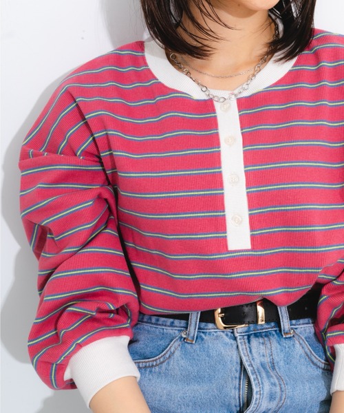 nemne store（ネンネストア）の「マルチボーダーヘンリーリブロンT（Tシャツ/カットソー・レディース・ブルー/グリーン/ピンク・フリー）」の18枚目の写真