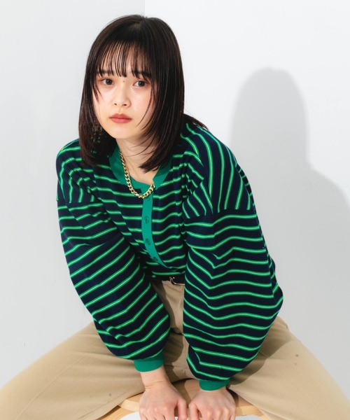 nemne store（ネンネストア）の「マルチボーダーヘンリーリブロンT（Tシャツ/カットソー・レディース・ブルー/グリーン/ピンク・フリー）」の20枚目の写真