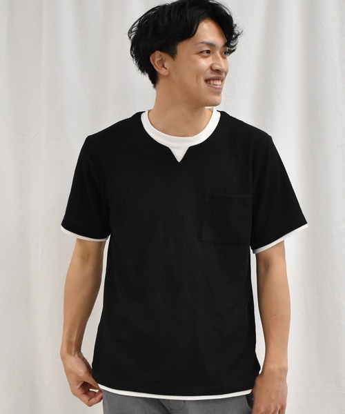 SPENDY'S Store（スペンディーズストア）の「ワッフル生地レイヤード風Ｔシャツ（Tシャツ/カットソー・メンズ・ブラック/ベージュ/グレー・LL/M/L）」の2枚目の写真
