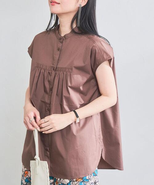 coen（コーエン）の「Re cafe フレンチスリーブギャザーブラウス（シャツ/ブラウス・レディース・モカ/ネイビー/ホワイト/ライトブルー・L/M）」の2枚目の写真