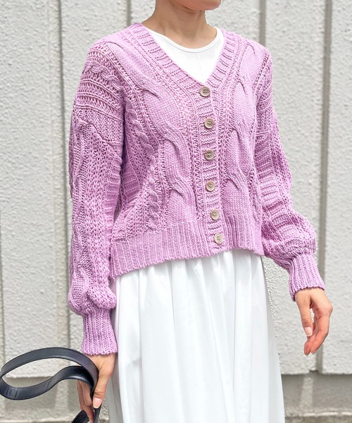 セール】Vネックケーブルニットショートカーディガン（カーディガン