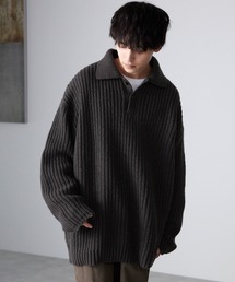 Vネック畦編みビッグシルエットポロニット
