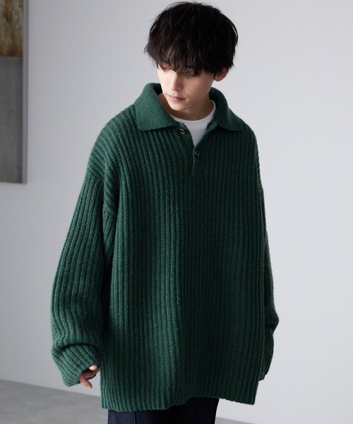 MONO-MART(モノマート)の「Vネック畦編みビッグシルエットポロニット(ニット/セーター・メンズ・ダークグリーン/チャコール/モカ/アイボリー・L/M)」の4枚目の写真