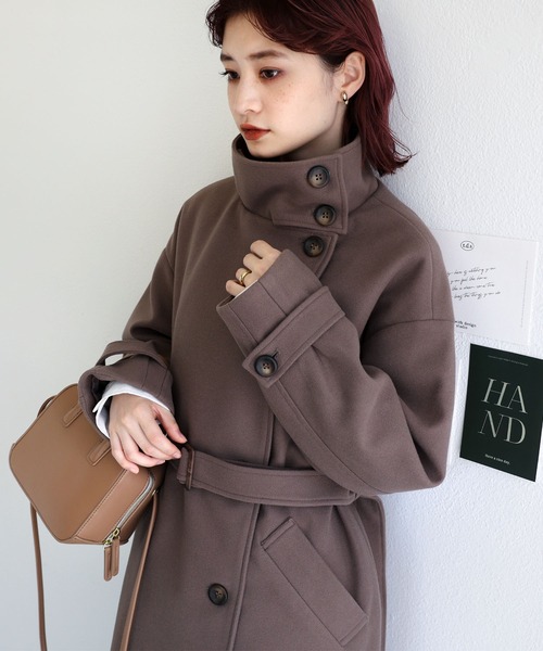 ニットモッサライトスタンドカラーロングコート（トレンチコート