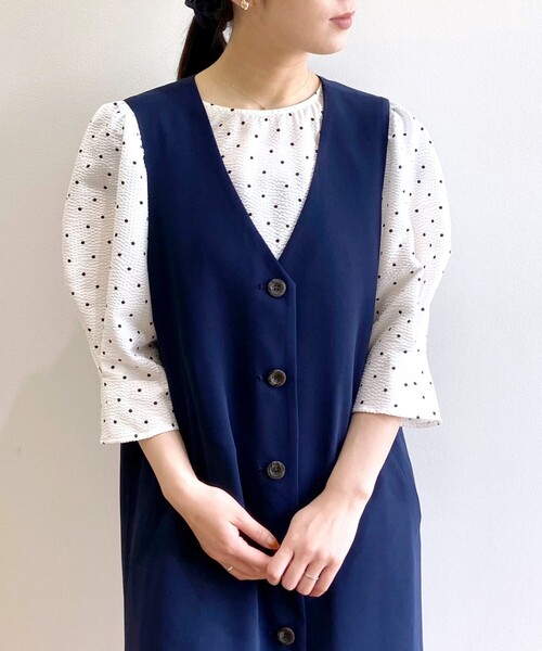 ドットプリントペプラムブラウス【洗濯機洗い可】