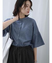 Samansa Mos2 blue | ◎ダンガリー袖フレアブラウス(シャツ/ブラウス)