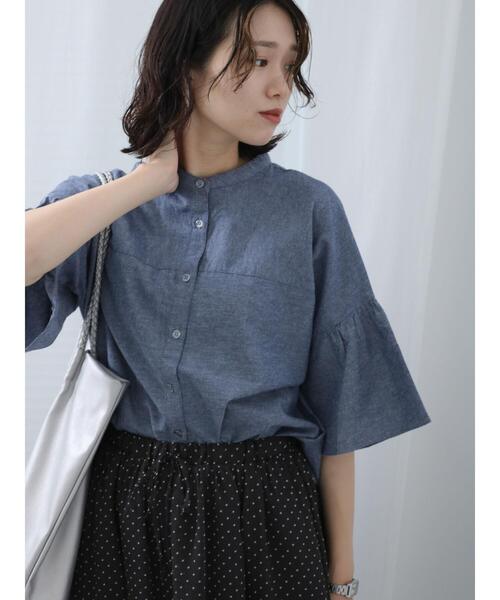 Samansa Mos2 blue(サマンサモスモスブルー)の「◎ダンガリー袖フレアブラウス(シャツ/ブラウス・レディース・ブラック/ネイビー/オフホワイト・F)」の3枚目の写真