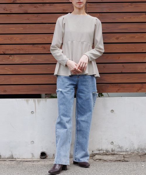 mili an deni（ミリアンデニ）の「ブリスタークレープペプラムトップス（シャツ/ブラウス・レディース・ブラック/アイボリー・L/M）」の7枚目の写真