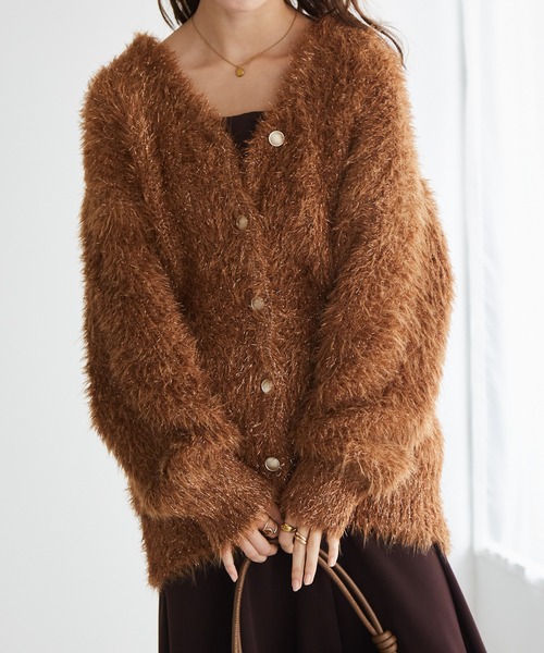 【未使用級✨️】 Rene パール カーディガン フリル リボン ブラウン 茶色 セール】2WAYラメシャギーカーディガン（カーディガン/ボレロ）｜RANAN