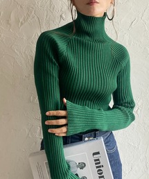 ハイネックタイト長袖リブタートルニットプルオーバートップス