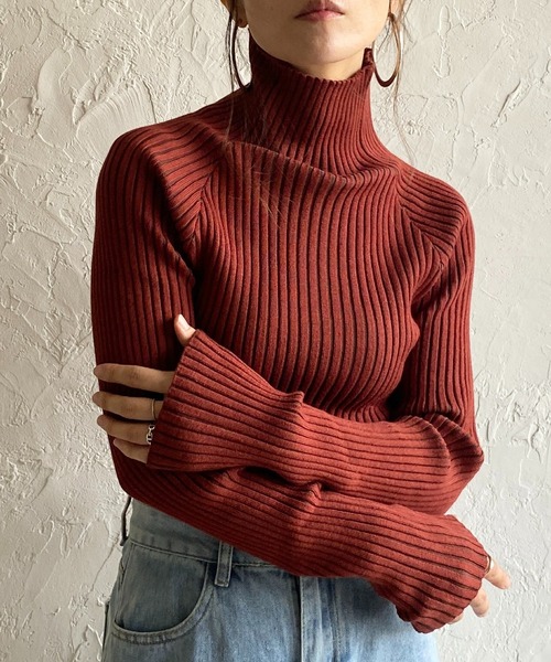 She's Closet(シーズクローゼット)の「ハイネックタイト長袖リブタートルニットプルオーバートップス(ニット/セーター・レディース・グリーン/テラコッタ/グレイッシュベージュ/アイボリー/カーキ/ブラック・FREE)」の3枚目の写真