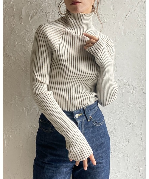 セール】ハイネックタイト長袖リブタートルニットプルオーバートップス