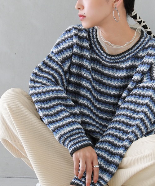 osharewalker（オシャレウォーカー）の「【廃盤】『マルチボーダー柄ニット』（ニット/セーター・レディース・グレイッシュブルー/テラコッタ・FREE）」の9枚目の写真