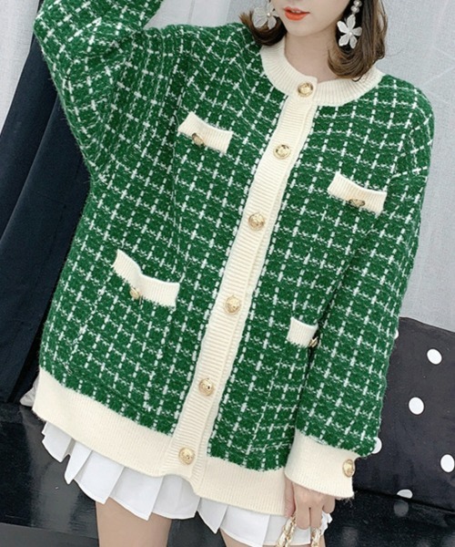 レディース きれいめツイード風ニットカーディガン（カーディガン