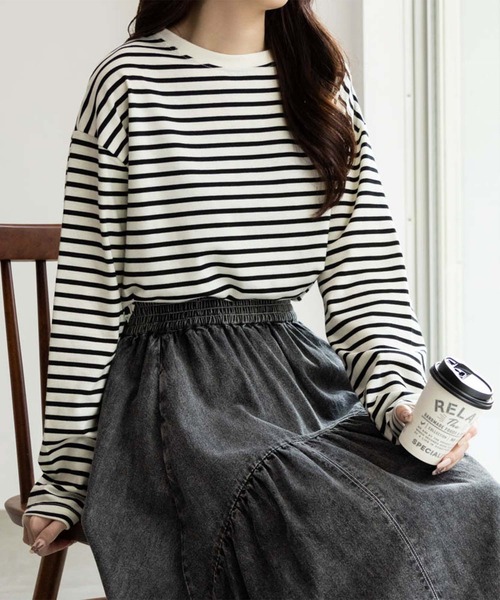 NAVY(ネイビー)の「NAVY ベーシック ボーダー長袖Tシャツ ロンT(Tシャツ/カットソー・レディース・ホワイト×ブラック/グレー×ホワイト/ベージュ系その他・L/M/S/XL)」の2枚目の写真