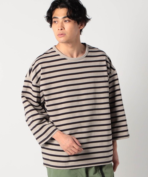 Grand PARK（グランドパーク）の「日本製 デラヴェ天竺7分袖ボーダーカットソー（Tシャツ/カットソー・メンズ・ピンク/ホワイト×ネイビー/ベージュ・FREE）」の3枚目の写真