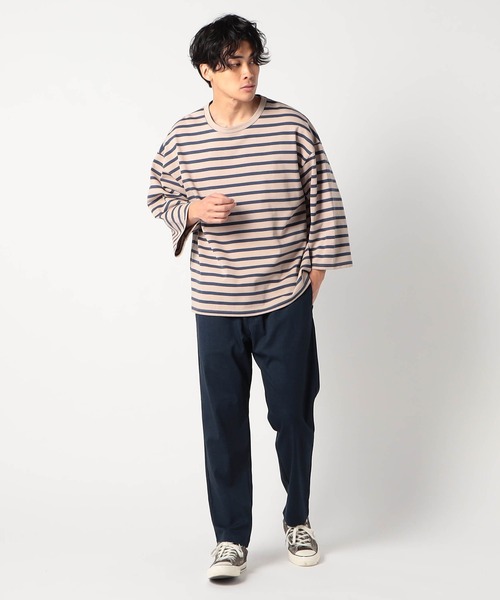 Grand PARK（グランドパーク）の「日本製 デラヴェ天竺7分袖ボーダーカットソー（Tシャツ/カットソー・メンズ・ピンク/ホワイト×ネイビー/ベージュ・FREE）」の4枚目の写真