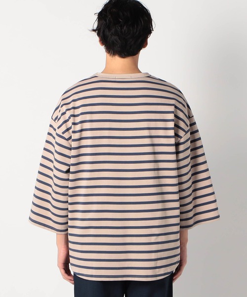 Grand PARK（グランドパーク）の「日本製 デラヴェ天竺7分袖ボーダーカットソー（Tシャツ/カットソー・メンズ・ピンク/ホワイト×ネイビー/ベージュ・FREE）」の5枚目の写真