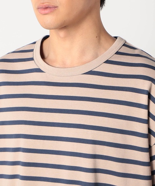 Grand PARK（グランドパーク）の「日本製 デラヴェ天竺7分袖ボーダーカットソー（Tシャツ/カットソー・メンズ・ピンク/ホワイト×ネイビー/ベージュ・FREE）」の7枚目の写真