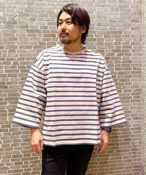 Grand PARK（グランドパーク）の「日本製 デラヴェ天竺7分袖ボーダーカットソー（Tシャツ/カットソー・メンズ・ピンク/ホワイト×ネイビー/ベージュ・FREE）」の13枚目の写真