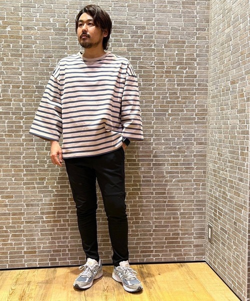 Grand PARK（グランドパーク）の「日本製 デラヴェ天竺7分袖ボーダーカットソー（Tシャツ/カットソー・メンズ・ピンク/ホワイト×ネイビー/ベージュ・FREE）」の14枚目の写真