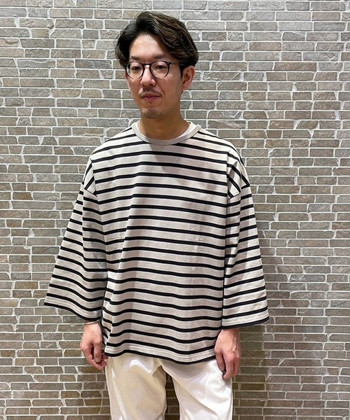 Grand PARK（グランドパーク）の「日本製 デラヴェ天竺7分袖ボーダーカットソー（Tシャツ/カットソー・メンズ・ピンク/ホワイト×ネイビー/ベージュ・FREE）」の16枚目の写真