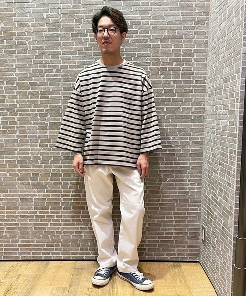 Grand PARK（グランドパーク）の「日本製 デラヴェ天竺7分袖ボーダーカットソー（Tシャツ/カットソー・メンズ・ピンク/ホワイト×ネイビー/ベージュ・FREE）」の17枚目の写真