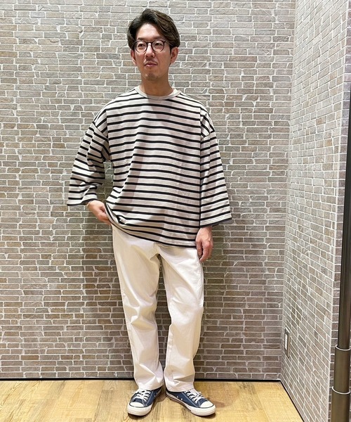 Grand PARK（グランドパーク）の「日本製 デラヴェ天竺7分袖ボーダーカットソー（Tシャツ/カットソー・メンズ・ピンク/ホワイト×ネイビー/ベージュ・FREE）」の18枚目の写真