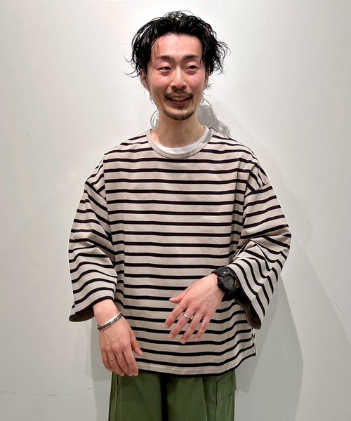 Grand PARK（グランドパーク）の「日本製 デラヴェ天竺7分袖ボーダーカットソー（Tシャツ/カットソー・メンズ・ピンク/ホワイト×ネイビー/ベージュ・FREE）」の19枚目の写真