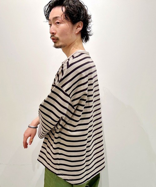 Grand PARK（グランドパーク）の「日本製 デラヴェ天竺7分袖ボーダーカットソー（Tシャツ/カットソー・メンズ・ピンク/ホワイト×ネイビー/ベージュ・FREE）」の20枚目の写真