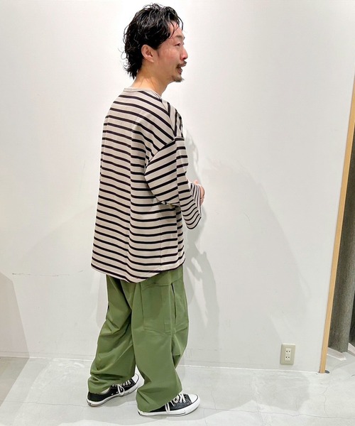 Grand PARK（グランドパーク）の「日本製 デラヴェ天竺7分袖ボーダーカットソー（Tシャツ/カットソー・メンズ・ピンク/ホワイト×ネイビー/ベージュ・FREE）」の22枚目の写真