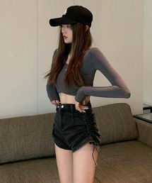 【Mayree】リボンハイウエストデニムショートパンツ