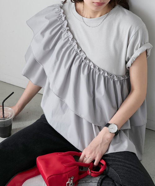 BONLECILL(ボンルシール)の「半袖フリルサッシュドッキングTEE(Tシャツ/カットソー・レディース・ホワイト系2/ブラック/ライトグレー/オフホワイト・FREE)」の4枚目の写真