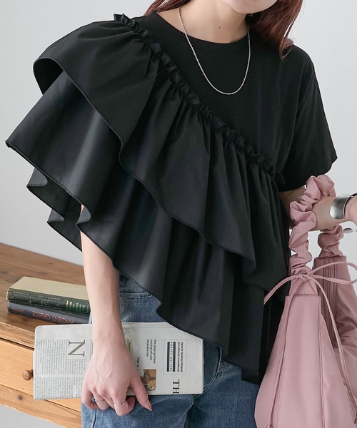 BONLECILL(ボンルシール)の「半袖フリルサッシュドッキングTEE(Tシャツ/カットソー・レディース・ホワイト系2/ブラック/ライトグレー/オフホワイト・FREE)」の3枚目の写真