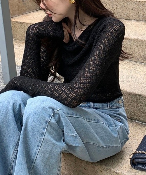セール】ドレープネックレースロンT/レーシートップス（Tシャツ