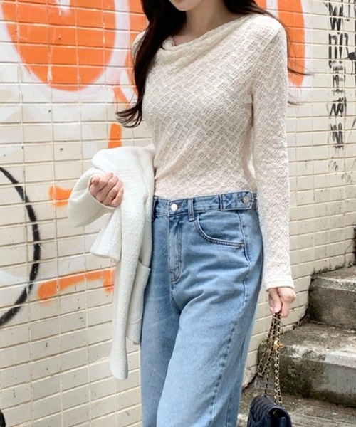 ドレープネックレースロンT/レーシートップス（Tシャツ