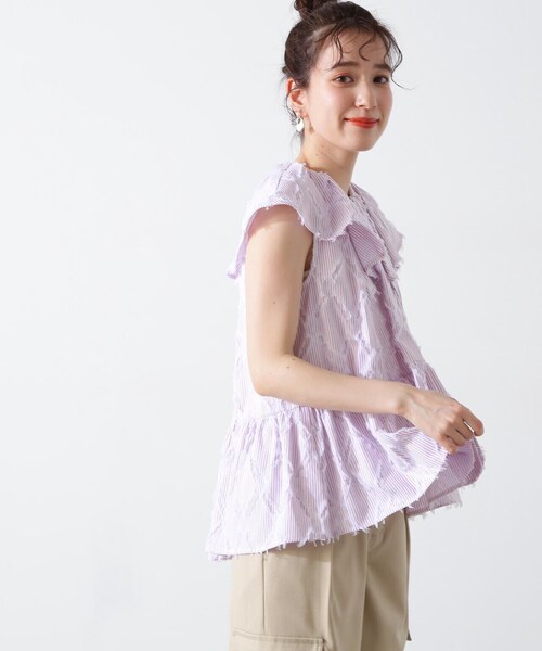N.（N. Natural Beauty Basic）（エヌエヌナチュラルビューティーベーシック）の「◆ストライプラッフルブラウス（シャツ/ブラウス・レディース・ピンク系その他/ブルー系その他・MEDIUM）」の4枚目の写真
