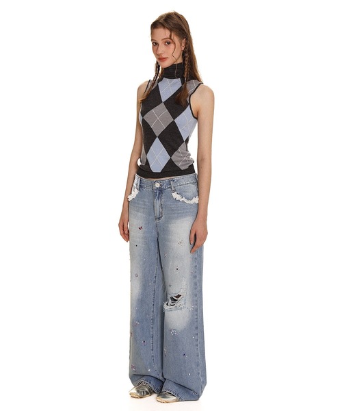 Moromoro2（モロモロ）の「ハイネック アーガイル タンクトップ BX4117【Moromoro2】（タンクトップ・レディース・グレー/ブラウン・S/M/L）」の13枚目の写真