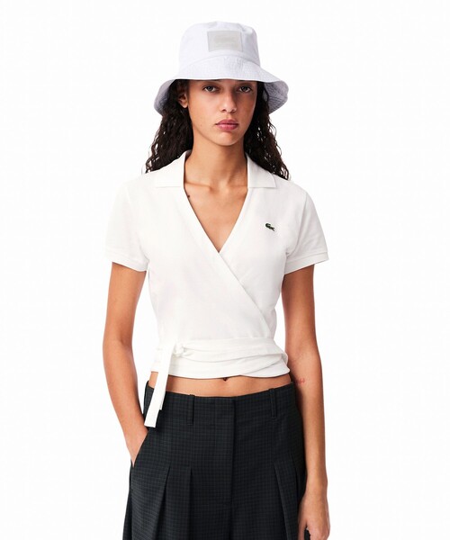 LACOSTE / ラコステ ハイストレッチ 鹿の子 ラップフロント クロップド丈半袖ポロシャツ セール】ハイストレッチ 鹿の子 ラップフロント クロップド丈