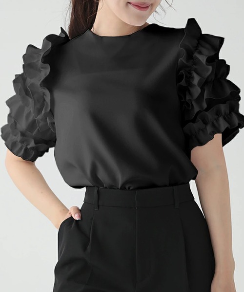 O.S.K（オーエスケー）の「[O.S.K] ショルダーフリルブラウス（シャツ/ブラウス・レディース・ホワイト/ブラック・L/M）」の15枚目の写真