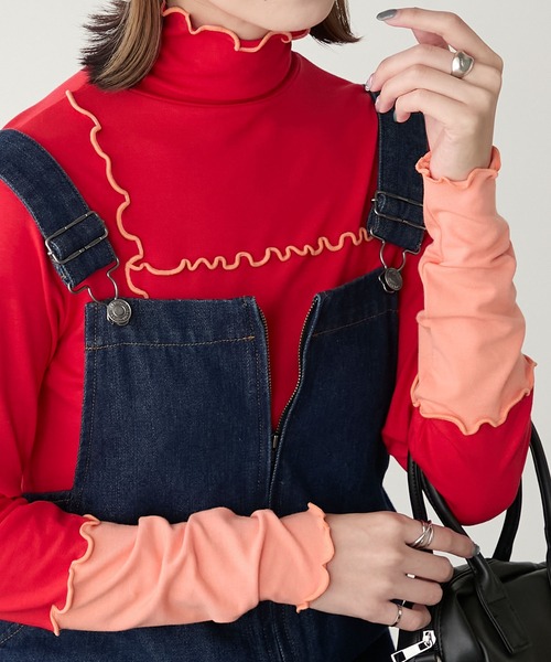 BONLECILL（ボンルシール）の「＜吸湿発熱＞ ハイネック 袖配色メローリブインナー/プルオーバー（Tシャツ/カットソー・レディース・ミント/レッド/ブラック/ホワイト系/オフホワイト/ブルー/チャコールグレー/ブラック系・FREE）」の8枚目の写真