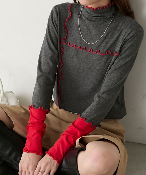 BONLECILL（ボンルシール）の「＜吸湿発熱＞ ハイネック 袖配色メローリブインナー/プルオーバー（Tシャツ/カットソー・レディース・ミント/レッド/ブラック/ホワイト系/オフホワイト/ブルー/チャコールグレー/ブラック系・FREE）」の5枚目の写真