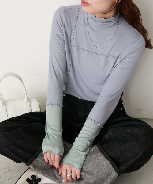 BONLECILL（ボンルシール）の「＜吸湿発熱＞ ハイネック 袖配色メローリブインナー/プルオーバー（Tシャツ/カットソー・レディース・ミント/レッド/ブラック/ホワイト系/オフホワイト/ブルー/チャコールグレー/ブラック系・FREE）」の7枚目の写真