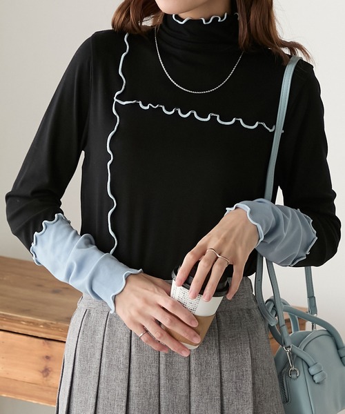 BONLECILL（ボンルシール）の「＜吸湿発熱＞ ハイネック 袖配色メローリブインナー/プルオーバー（Tシャツ/カットソー・レディース・ミント/レッド/ブラック/ホワイト系/オフホワイト/ブルー/チャコールグレー/ブラック系・FREE）」の3枚目の写真