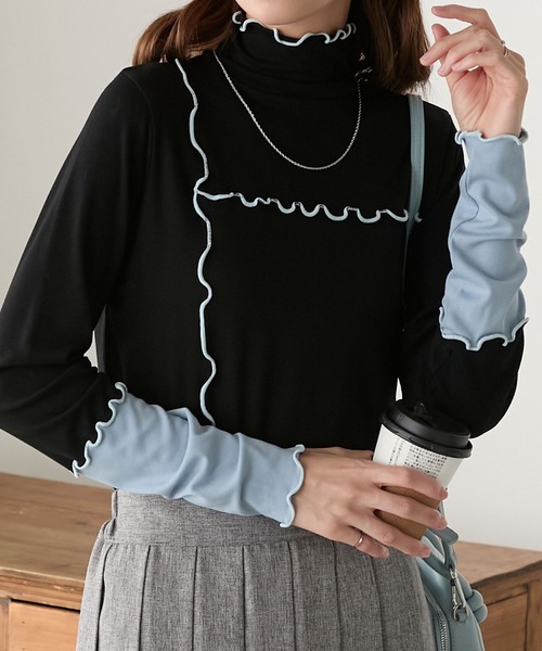 BONLECILL（ボンルシール）の「＜吸湿発熱＞ ハイネック 袖配色メローリブインナー/プルオーバー（Tシャツ/カットソー・レディース・ミント/レッド/ブラック/ホワイト系/オフホワイト/ブルー/チャコールグレー/ブラック系・FREE）」の20枚目の写真